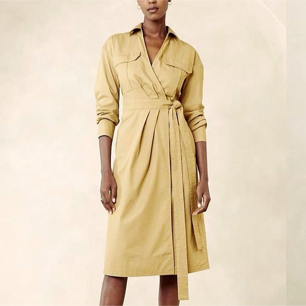 Banana Republic Belted Poplin Midi Shirt Dress M Khaki Tan Safari Trench Style